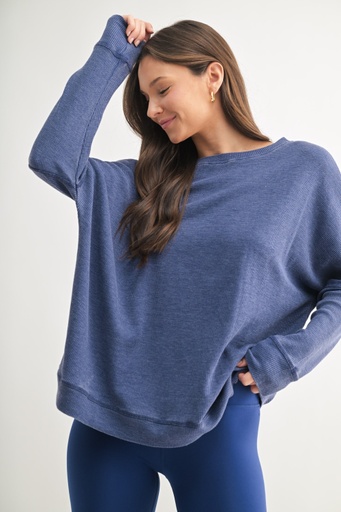 [KT11265-blue] WAFFLE RIBBED ROUNDNECK PULLOVER